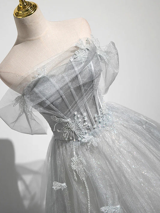 Vestido de fiesta brillante con hombros descubiertos y corte en A, de tul gris, largo hasta el suelo, TP1346
