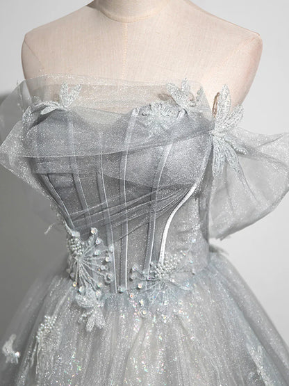 Vestido de fiesta brillante con hombros descubiertos y corte en A, de tul gris, largo hasta el suelo, TP1346