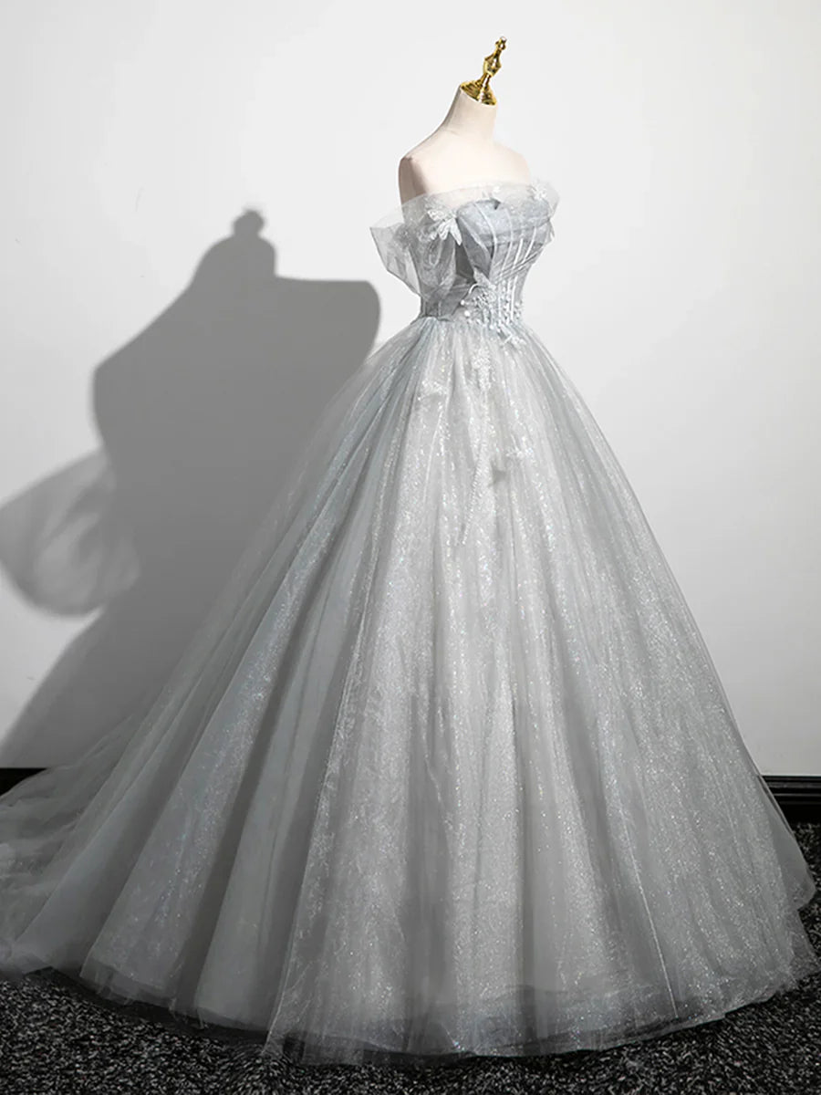 Vestido de fiesta brillante con hombros descubiertos y corte en A, de tul gris, largo hasta el suelo, TP1346