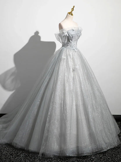 Vestido de fiesta brillante con hombros descubiertos y corte en A, de tul gris, largo hasta el suelo, TP1346