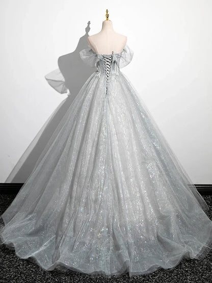 Vestido de fiesta brillante con hombros descubiertos y corte en A, de tul gris, largo hasta el suelo, TP1346