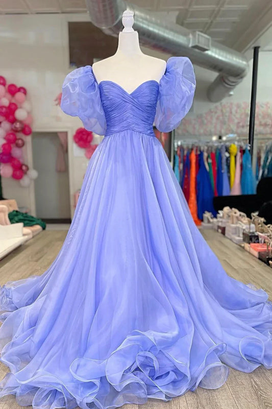 A-Line Organza Long Prom Dress, Lovely Puff Sleeve Evening Dress TP1347