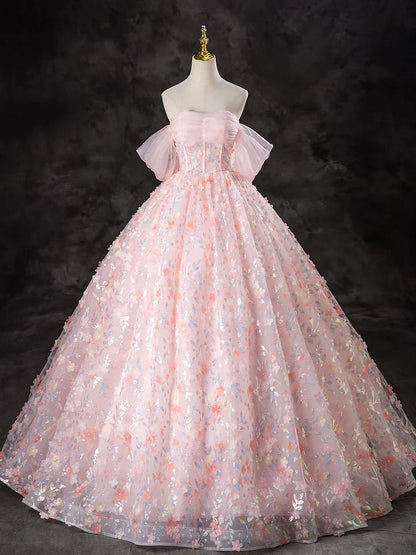 Vestido de fiesta largo de tul rosa con flores y corte en A, precioso vestido de noche con hombros descubiertos TP1348