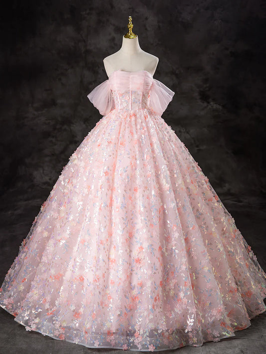 Vestido de fiesta largo de tul rosa con flores y corte en A, precioso vestido de noche con hombros descubiertos TP1348