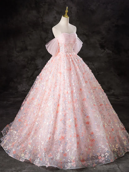 Vestido de fiesta largo de tul rosa con flores y corte en A, precioso vestido de noche con hombros descubiertos TP1348