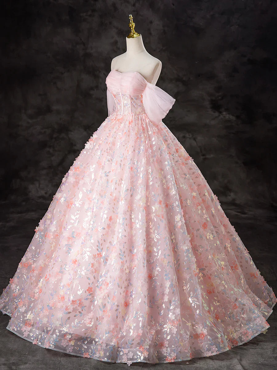 Vestido de fiesta largo de tul rosa con flores y corte en A, precioso vestido de noche con hombros descubiertos TP1348
