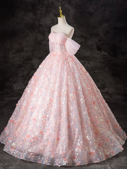 Vestido de fiesta largo de tul rosa con flores y corte en A, precioso vestido de noche con hombros descubiertos TP1348