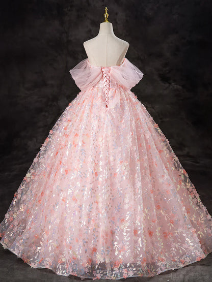 Vestido de fiesta largo de tul rosa con flores y corte en A, precioso vestido de noche con hombros descubiertos TP1348