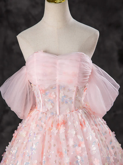 Vestido de fiesta largo de tul rosa con flores y corte en A, precioso vestido de noche con hombros descubiertos TP1348