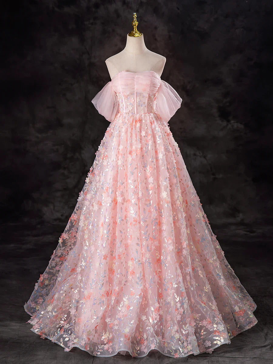 Vestido de fiesta largo de tul rosa con flores y corte en A, precioso vestido de noche con hombros descubiertos TP1348