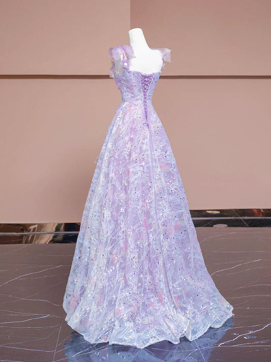 A-Line Purple Tulle Flowers Long Prom Dress, Beautiful Evening Party Dress TP1350
