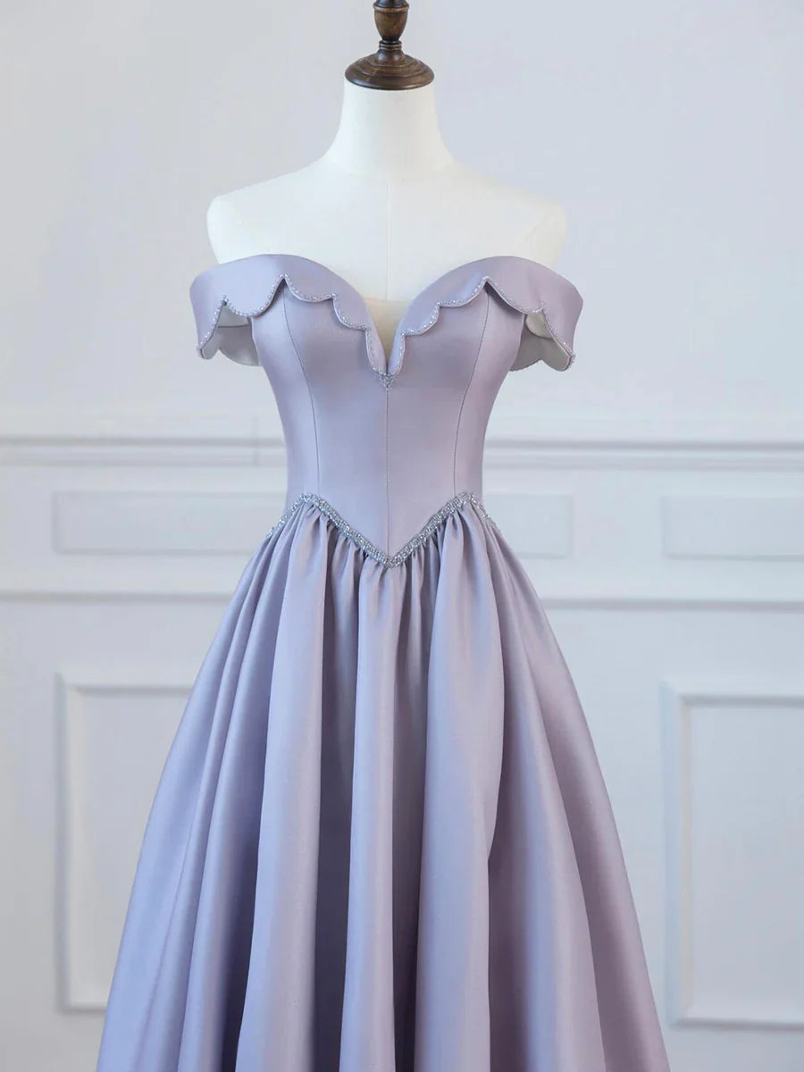 Vestido de fiesta largo de satén con corte en A y hombros descubiertos, TP1351