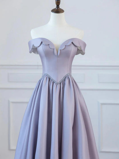 Vestido de fiesta largo de satén con corte en A y hombros descubiertos, TP1351