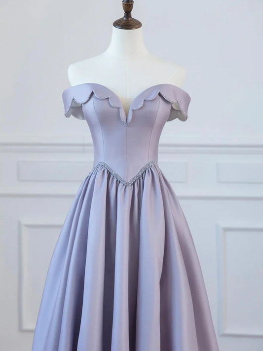 Vestido de fiesta largo de satén con corte en A y hombros descubiertos, TP1351