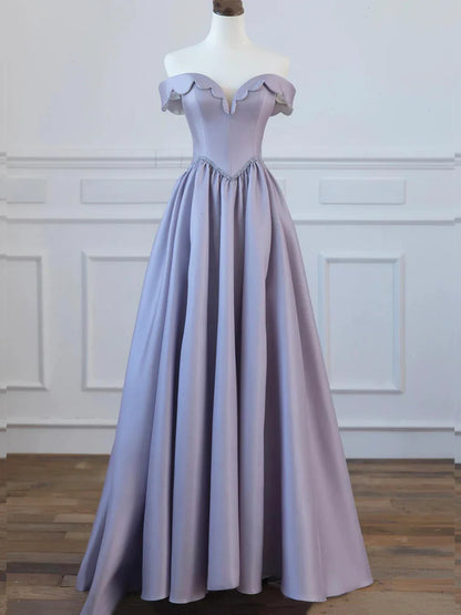 Vestido de fiesta largo de satén con corte en A y hombros descubiertos, TP1351