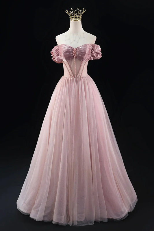 Vestido de fiesta de tul con cuentas y corte en A, largo hasta el suelo, precioso vestido de noche con hombros descubiertos TP1357