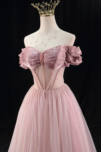 Vestido de fiesta de tul con cuentas y corte en A, largo hasta el suelo, precioso vestido de noche con hombros descubiertos TP1357
