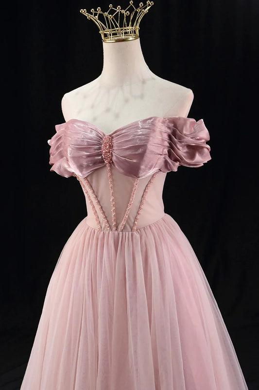 Vestido de fiesta de tul con cuentas y corte en A, largo hasta el suelo, precioso vestido de noche con hombros descubiertos TP1357