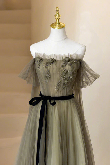 Vestido de fiesta largo de tul con corte en A y hombros descubiertos, vestido de noche formal TP1361