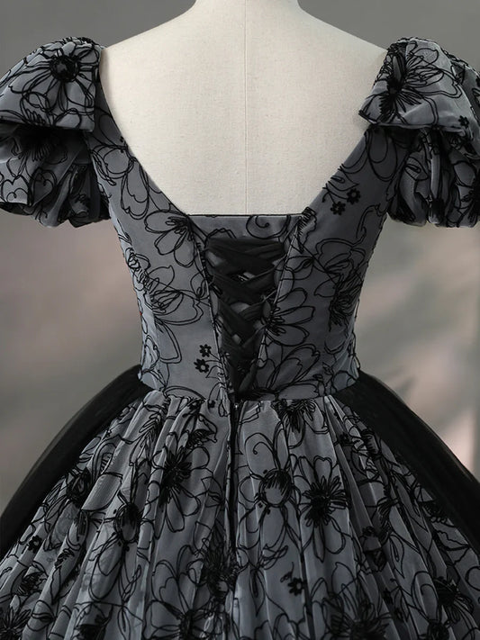 Beautiful Black Rhinestone Flower Prom Dress, Black V-Neck Short Sleeve Evening Dress TP1367