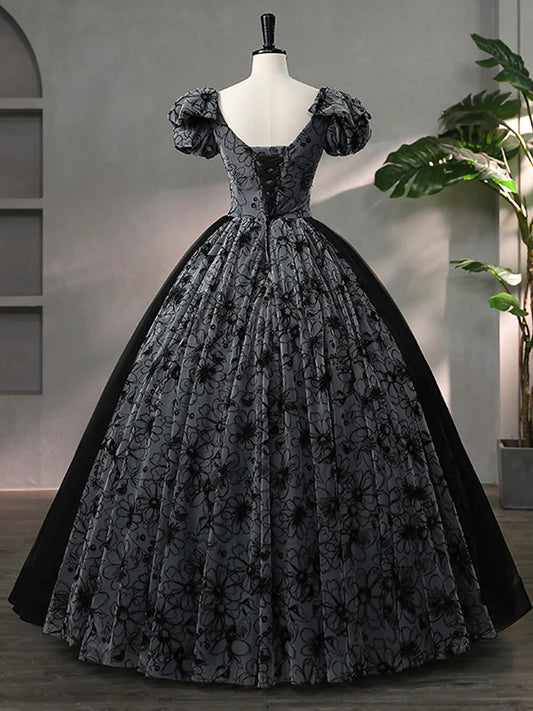 Beautiful Black Rhinestone Flower Prom Dress, Black V-Neck Short Sleeve Evening Dress TP1367