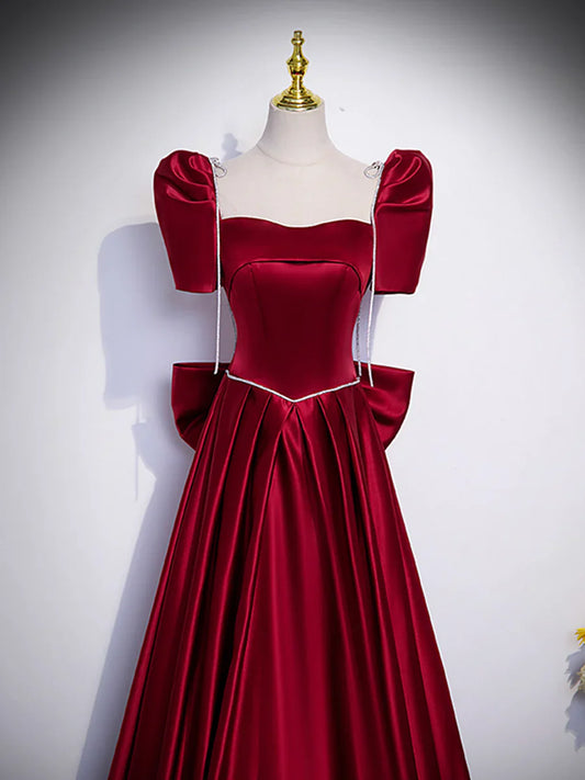 Beautiful Satin Floor Length Prom Dress with Bowknot, Burgundy Short Sleeve Evening Dress TP1371
