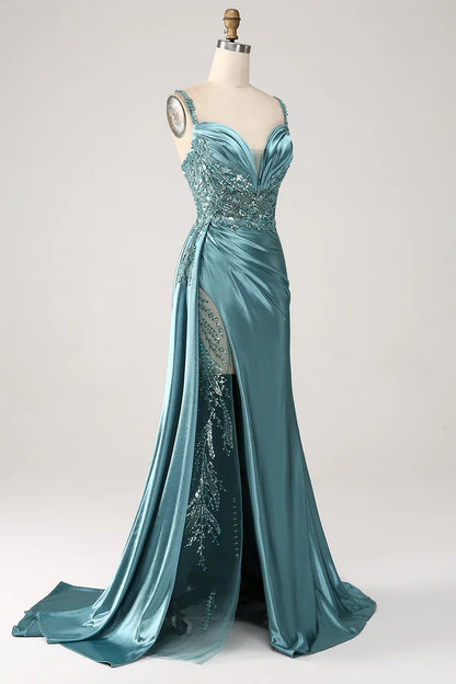Vestido de fiesta largo de satén con escote en V y lentejuelas, corte sirena y abertura, TP1373