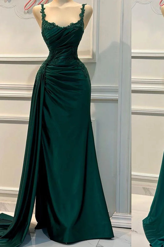 Vestido de fiesta largo plisado sin mangas con tirantes finos y apliques TP1379