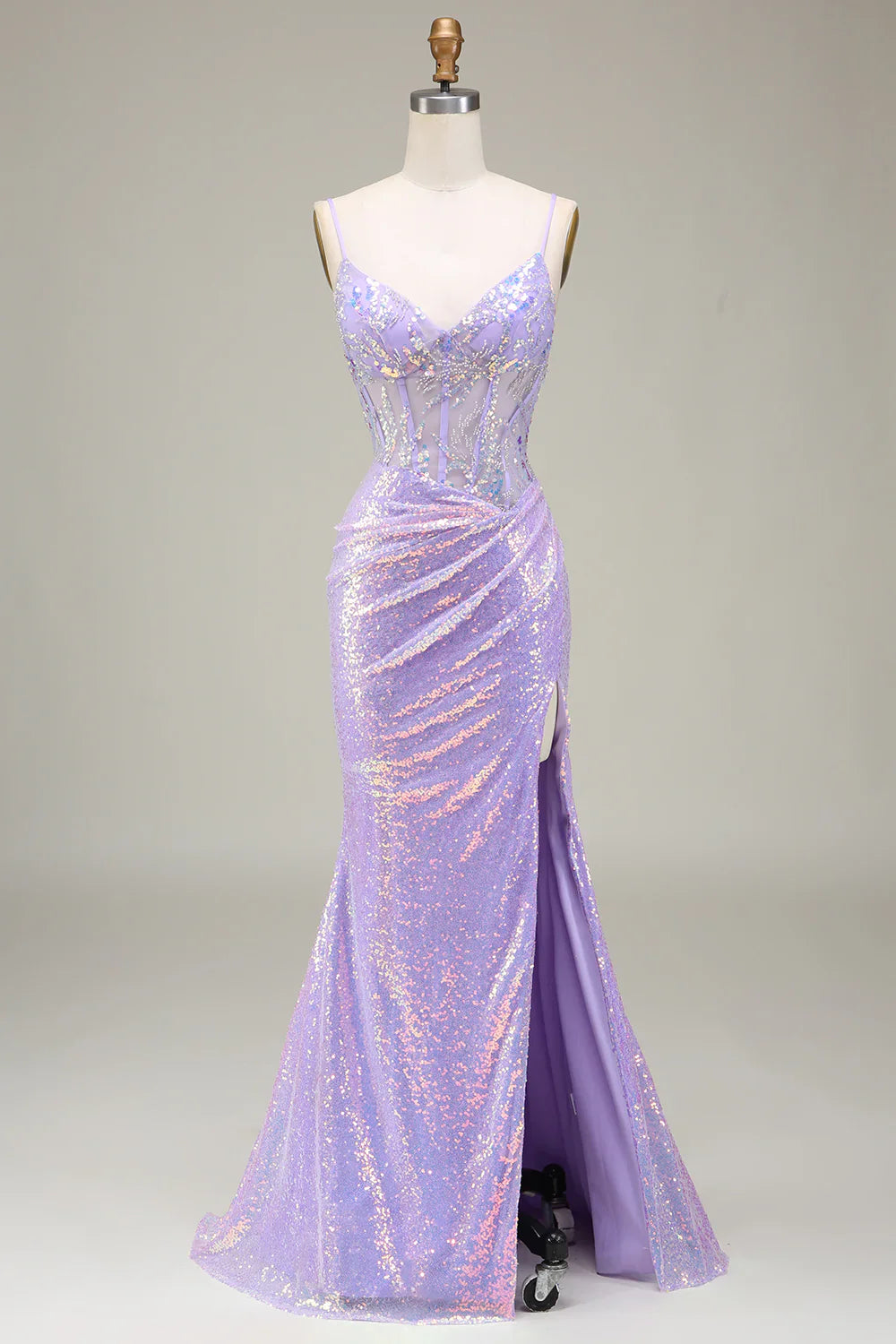Vestido de fiesta con corsé morado claro y sirena brillante con abertura TP1380