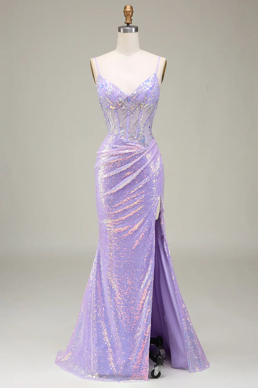 Vestido de fiesta con corsé morado claro y sirena brillante con abertura TP1380
