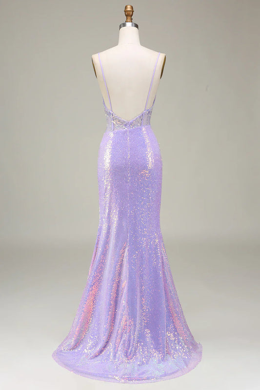 Vestido de fiesta con corsé morado claro y sirena brillante con abertura TP1380