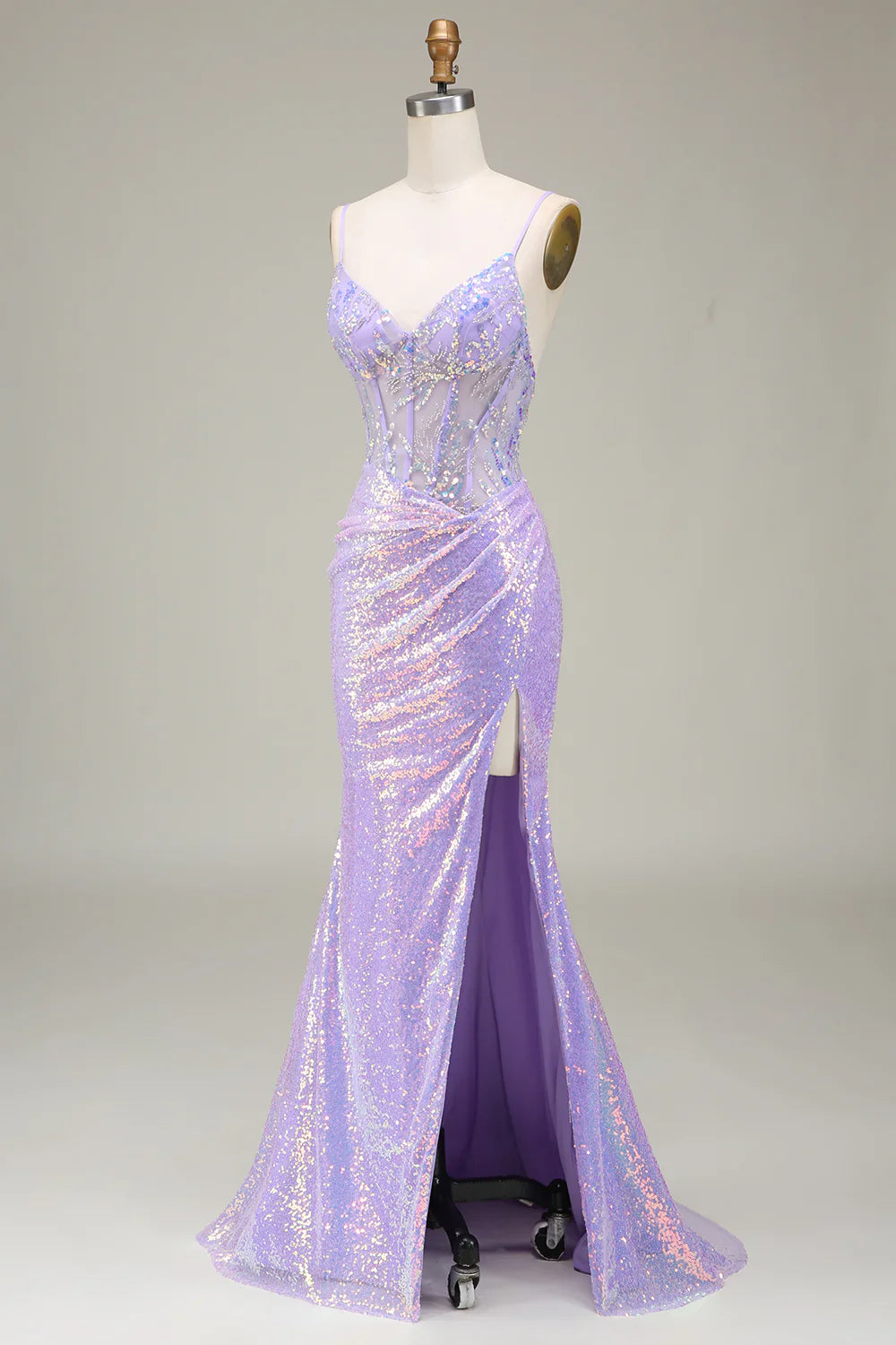 Vestido de fiesta con corsé morado claro y sirena brillante con abertura TP1380