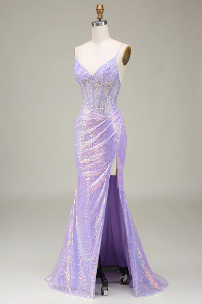 Vestido de fiesta con corsé morado claro y sirena brillante con abertura TP1380