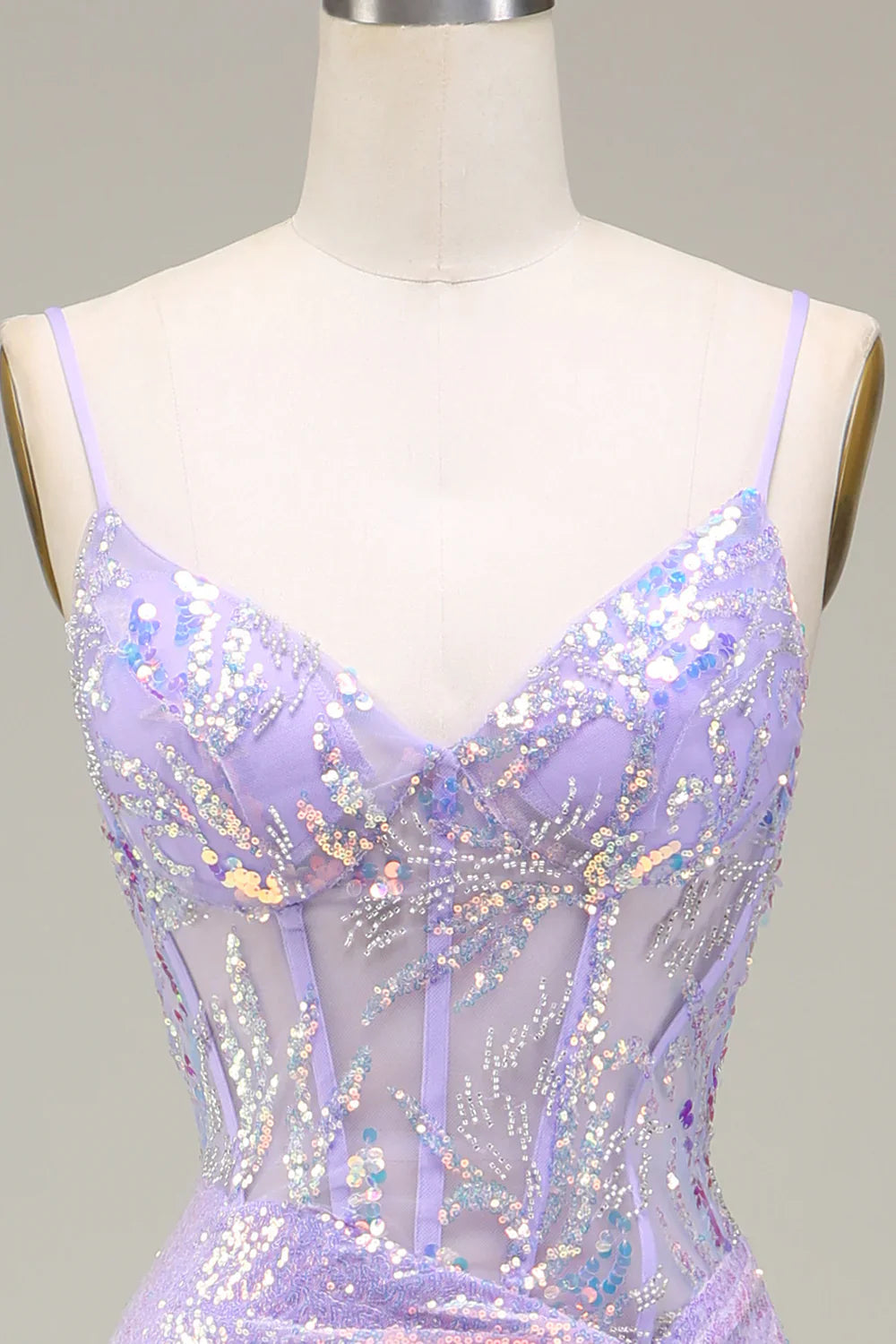 Vestido de fiesta con corsé morado claro y sirena brillante con abertura TP1380