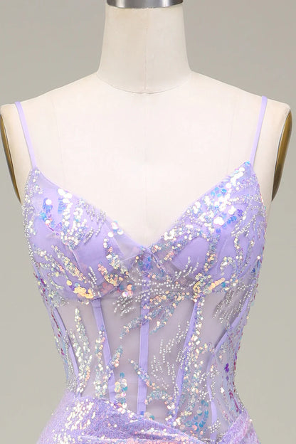 Vestido de fiesta con corsé morado claro y sirena brillante con abertura TP1380