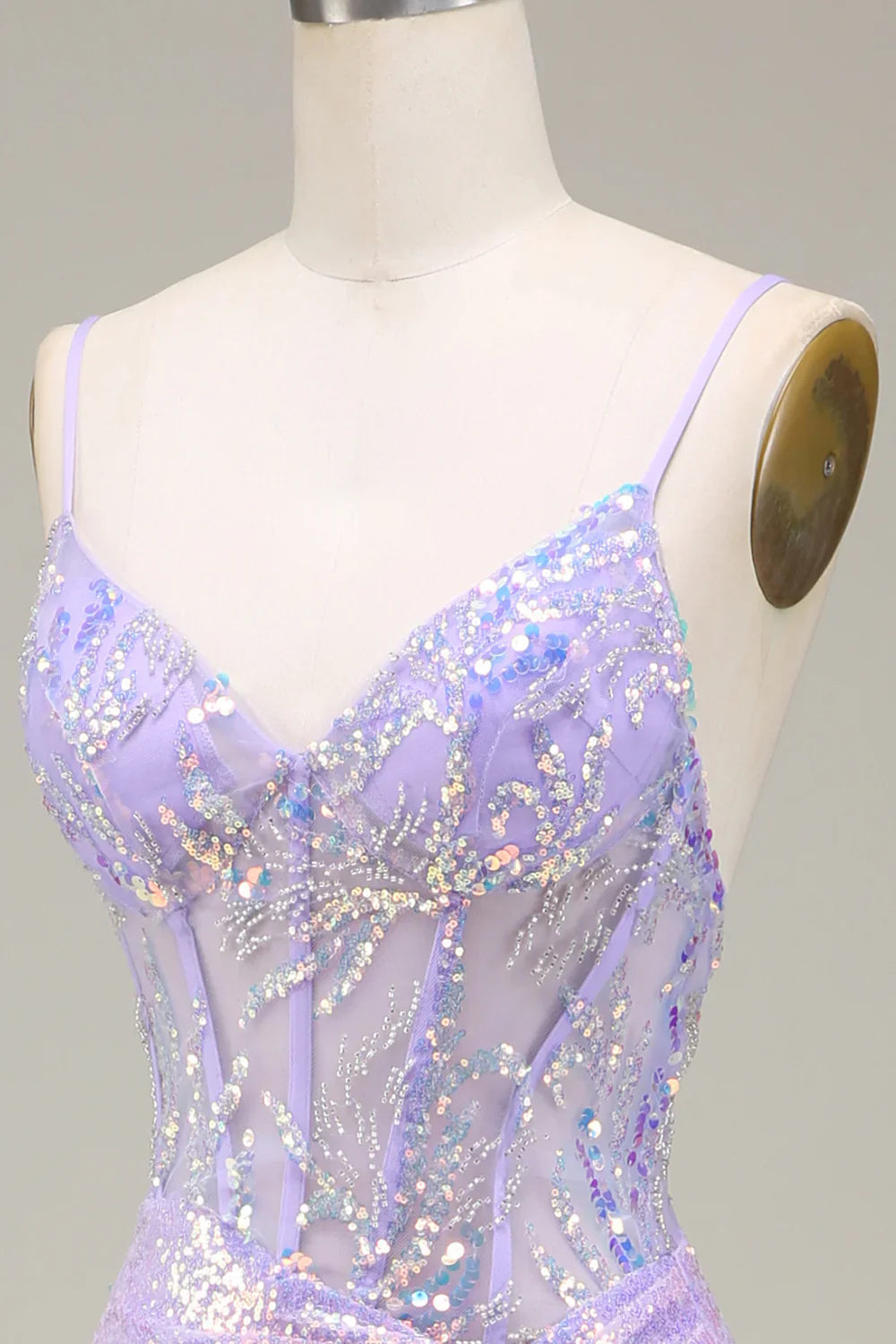 Vestido de fiesta con corsé morado claro y sirena brillante con abertura TP1380