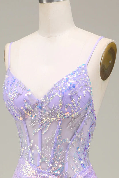 Vestido de fiesta con corsé morado claro y sirena brillante con abertura TP1380