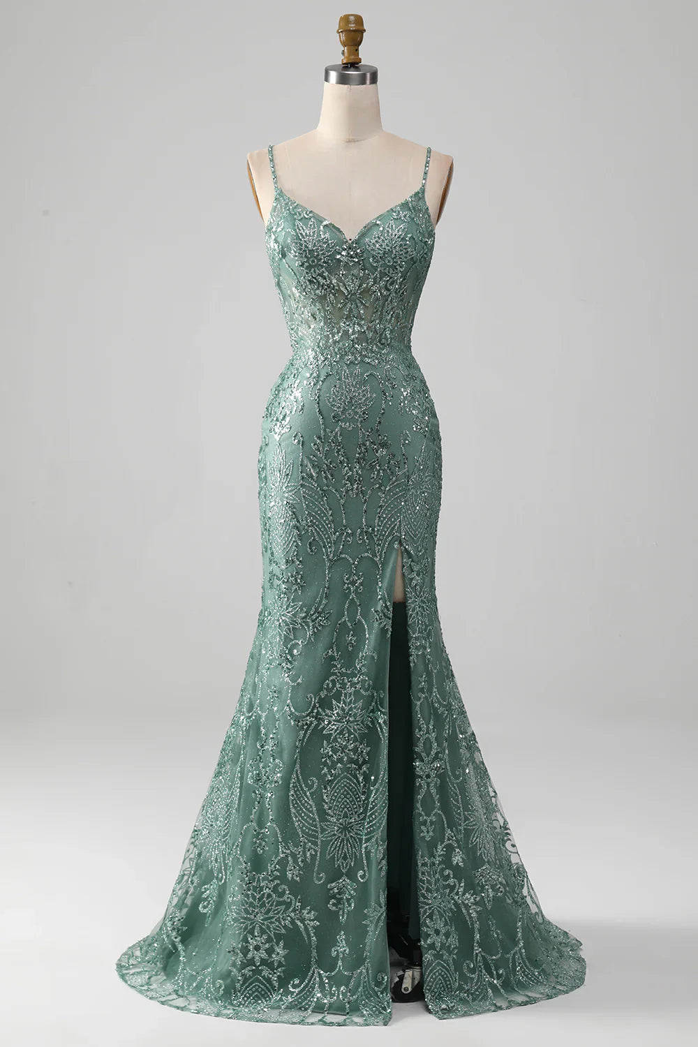 Vestido de fiesta con tirantes finos, gris y verde brillante, con cuentas TP1381