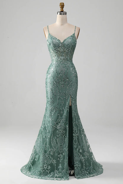 Vestido de fiesta con tirantes finos, gris y verde brillante, con cuentas TP1381