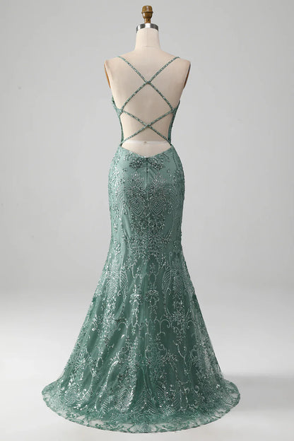 Vestido de fiesta con tirantes finos, gris y verde brillante, con cuentas TP1381