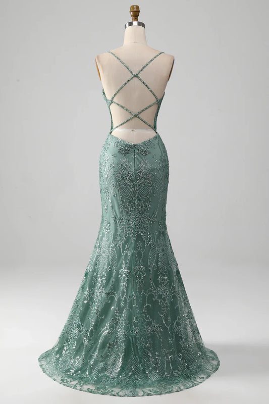 Vestido de fiesta con tirantes finos, gris y verde brillante, con cuentas TP1381