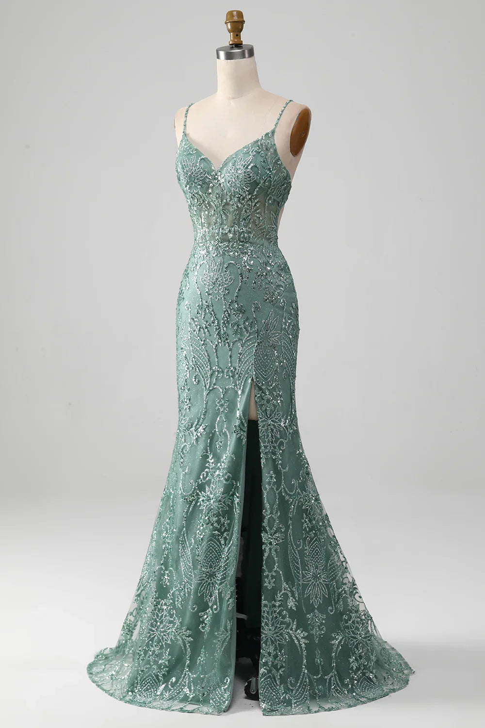 Vestido de fiesta con tirantes finos, gris y verde brillante, con cuentas TP1381