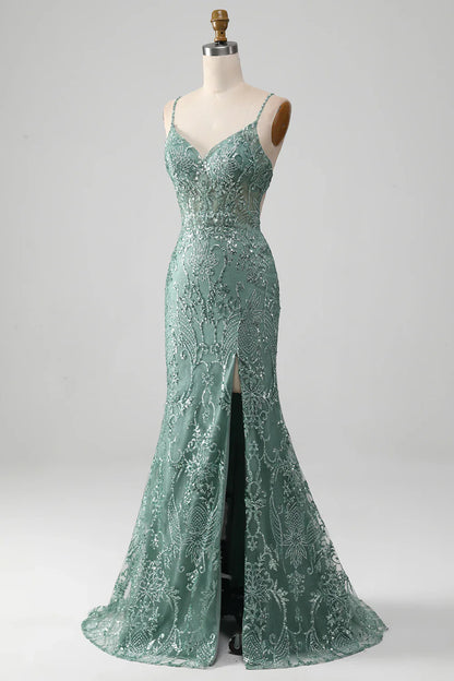 Vestido de fiesta con tirantes finos, gris y verde brillante, con cuentas TP1381