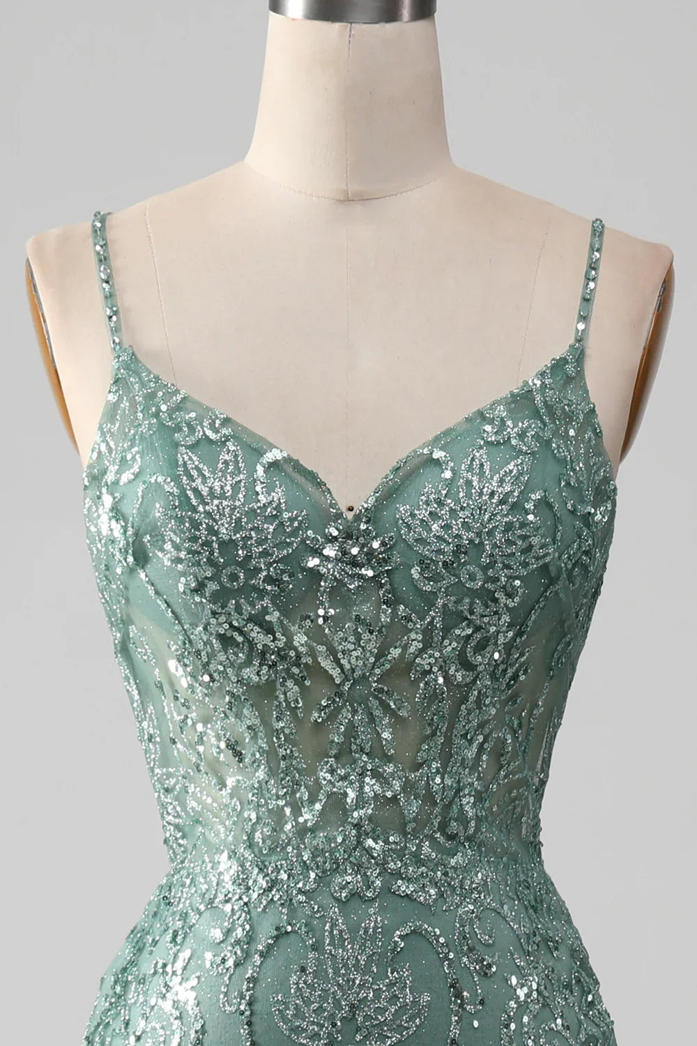 Vestido de fiesta con tirantes finos, gris y verde brillante, con cuentas TP1381
