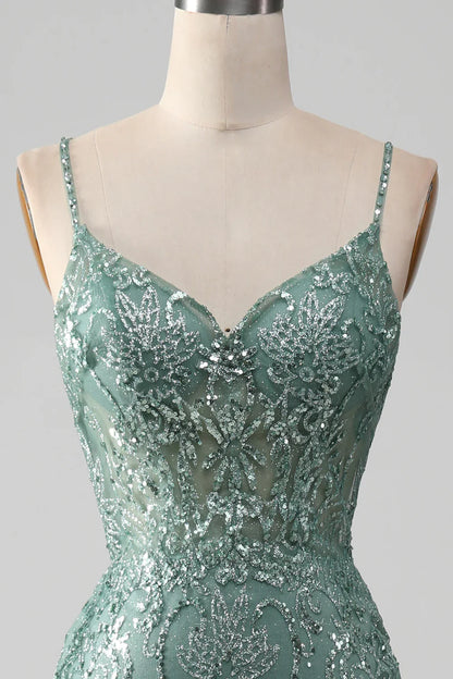 Vestido de fiesta con tirantes finos, gris y verde brillante, con cuentas TP1381