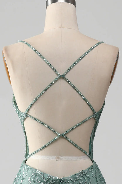 Vestido de fiesta con tirantes finos, gris y verde brillante, con cuentas TP1381