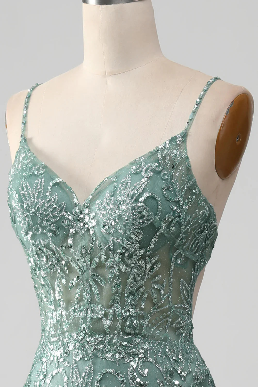 Vestido de fiesta con tirantes finos, gris y verde brillante, con cuentas TP1381