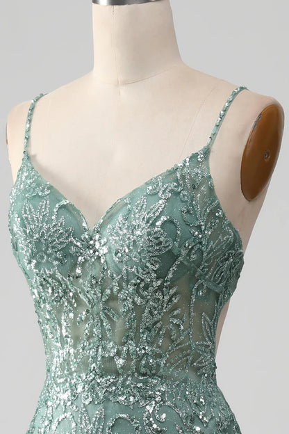 Vestido de fiesta con tirantes finos, gris y verde brillante, con cuentas TP1381