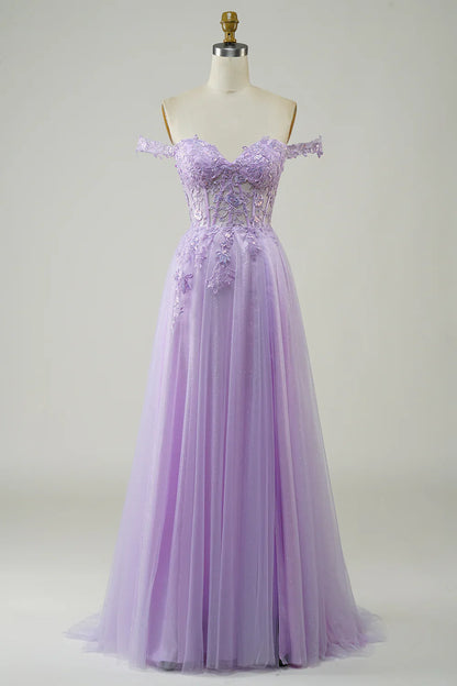 Vestido de fiesta morado largo de tul con encaje y corte en A, TP1382