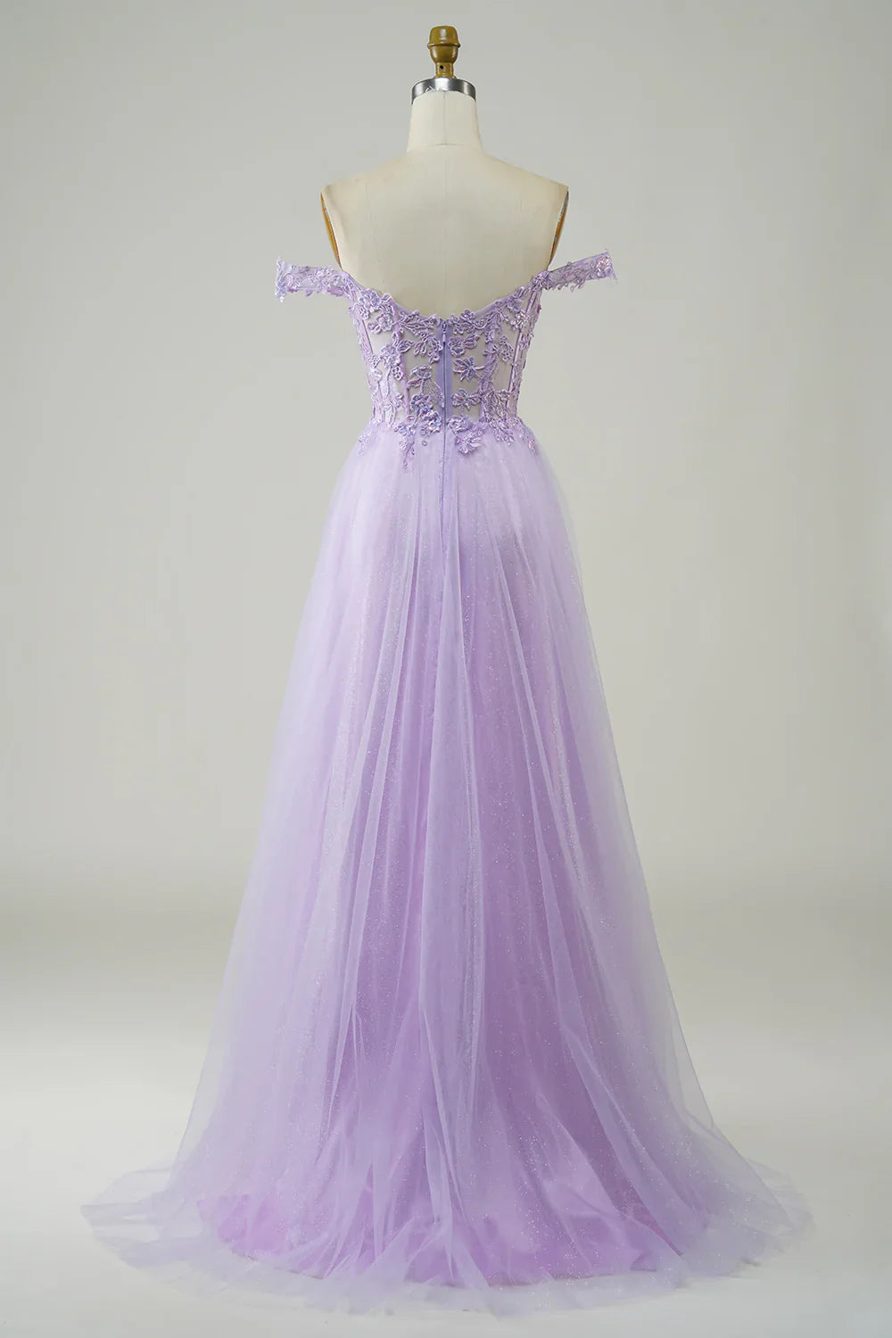 Vestido de fiesta morado largo de tul con encaje y corte en A, TP1382